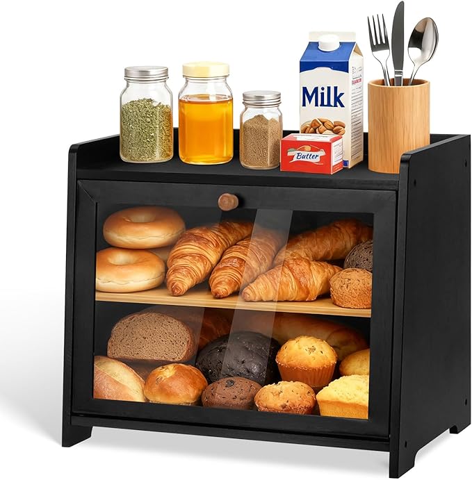Bamboo Bread Box for Kitchen Countertop, Double Layer Large Capacity Bread Storage Cabinet with Removable Cutting Board, Farmhouse Breadbox Container Organizer Bins for Pantry Shelf Cupboard (Black)