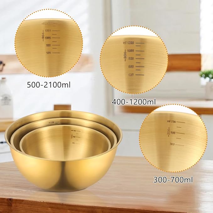 Gold Mixing Bowls with Airtight Lids Stainless Steel Mixing Bowl Set of 3 Metal Nesting Organizers and 1 Colander Non-slip Bottom for Baking Serving Food Size 2.22, 1.27,0.74 QT, Stackable