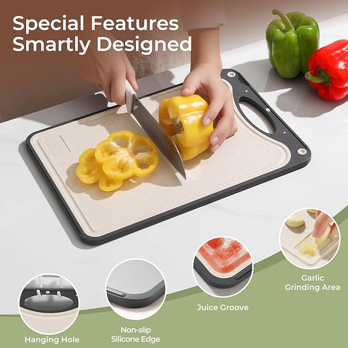 Highly Rated Double Sided Titanium Cutting Board - 15x10 Inch Non-Slip Kitchen Chopping Board with Juice Groove, Wheat Straw Side & Garlic Grater, Dishwasher Safe, Knife-Friendly