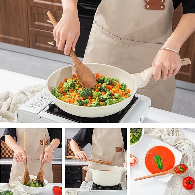 Wooden Cooking Spoons 1pcs Wooden Spoons For Cooking and 1pcs Silicone Spatula Acacia Cooking Spoon Wood Non-Stick Wood Utensil Silicone Scraper Spatula, Kitchen Utensils Cooking Spoon for Serving