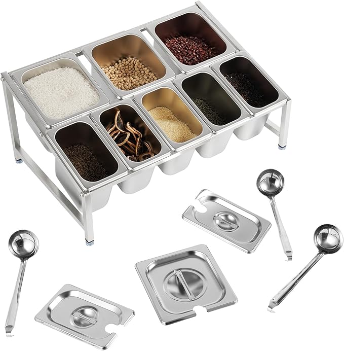 Expandable Spice Rack, 2-Tier Stainless Kitchen Spice Rack Organizer, 5x1/9 Pans + 3x1/6 Pans, Organizer Shelf with Lid, Countertop Holder for Spices Sauce Ingredients Fruits -8 Pans