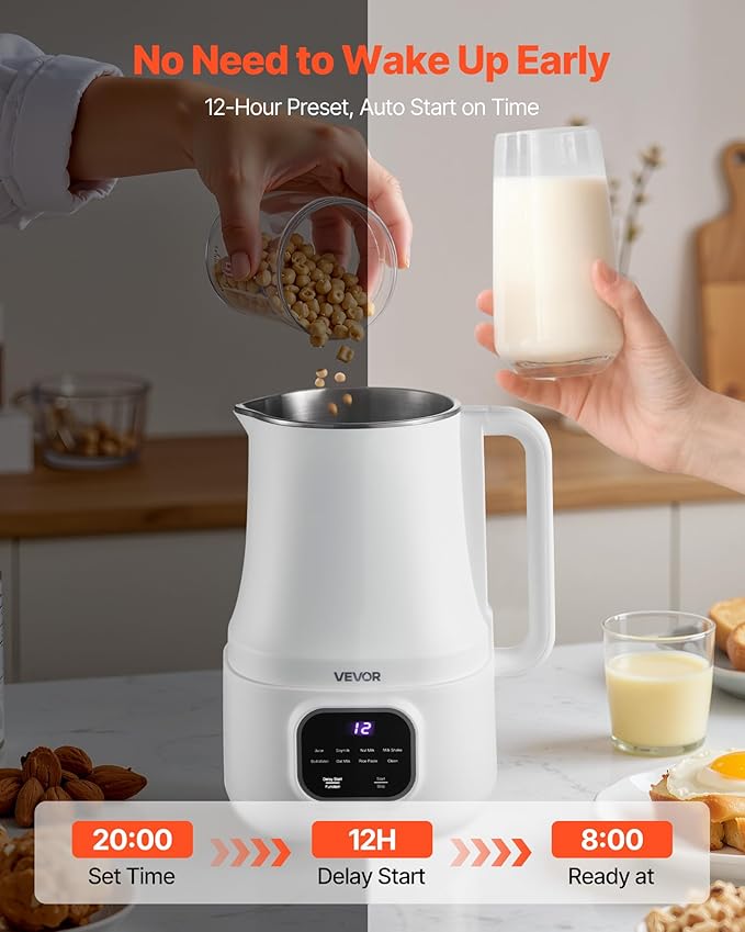 VEVOR 8-in-1 Nut Milk Maker, 34 oz Soy Milk Maker with Soundproof Cover for Homemade Oat, Nut, Soy, Juice, Milkshake, Rice Cereal, Plant-Based Beverages with Self-Cleaning, Boil Water, 12-Hour Delay