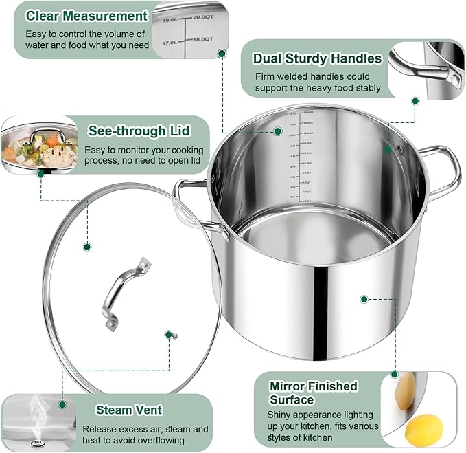 P&P CHEF 20 QT Stock Pot with Lid, Stainless Steel Large Cooking Pot, Soup Canning Stockpot for Stewing Simmering, Tri-ply Bottom for All Stoves, Heavy-Duty &Dishwasher Safe & Food-Grade