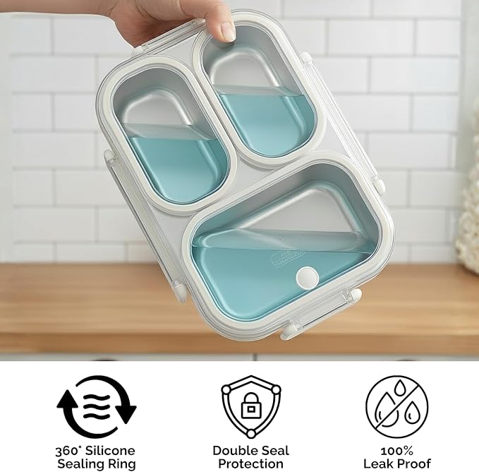 304 Stainless Steel Bento Box for Adults & Kids, 25 Oz Leakproof Metal Lunch Box with 3 Compartments, BPA-Free, Reusable & Dishwasher Safe Food Container for School,Office,Picnic,Travel(Cream)