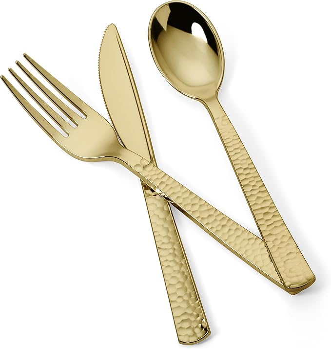 Perfect Settings 150 PCS Gold Plastic Silverware Set Heavy Duty Premium - Gold Plastic Cutlery Set Hammered Pebbled Finish - 50 Forks, 50 Knives, 50 Spoons Utensil Set