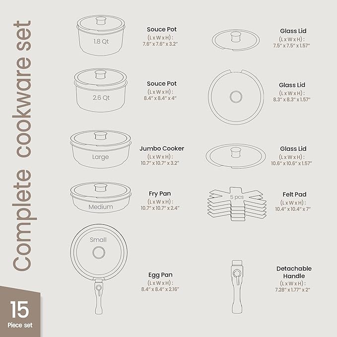 Pots & Pans Set Non Stick Ceramic-Granite – 15-Piece Cookware with Detachable Handles, Stackable Space-Saving, Dishwasher Safe, Oven & All-Stove Safe, Tempered Glass Lids, Black Granite
