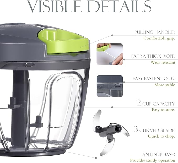 Ourokhome Manual Food Processor Vegetable Chopper, Portable Hand Pull String Garlic Mincer Onion Cutter for Veggies, Ginger, Fruits, Nuts, Herbs, etc., 650ml, Grey