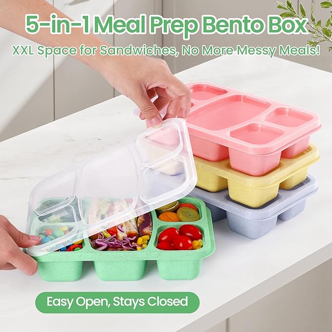 Bento Boxes Adult Lunch Containers 4 Pack, 5 Compartment Reusable Lunchable Containers for Kids, Stackable Snack Box With XXL Space for Sandwiches,Meal Prep for School