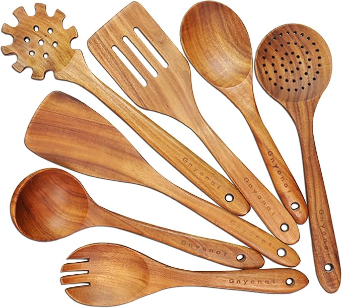 Wooden Spoons for Cooking,Wooden Utensils for Cooking 7 Pcs Wooden Cooking Utensils Wooden Kitchen Utensils Set Wooden Spatulas for Cooking, 14.37*4.13*3.54, Brown