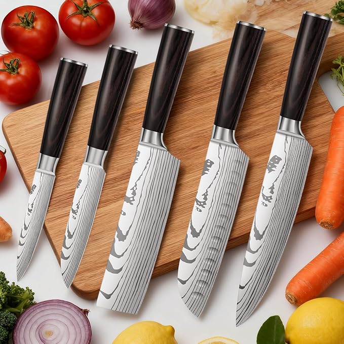5-Piece Premium Japanese Kitchen Knife Set - Imperial Collection, Laser Damascus Pattern, 440A Stainless Steel Ultra Sharp for Fast Cutting (Redwood 5A)