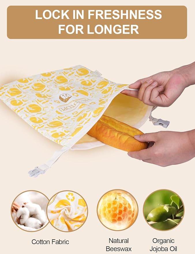 2 Pack Beeswax Bread Bags for Homemade Sourdough, Reusable Cotton Beeswax Sourdough Bread Bag, Keep Loaf Fresh, Freezer Safe, Easy to Clean, Perfect Bags for Home Baked