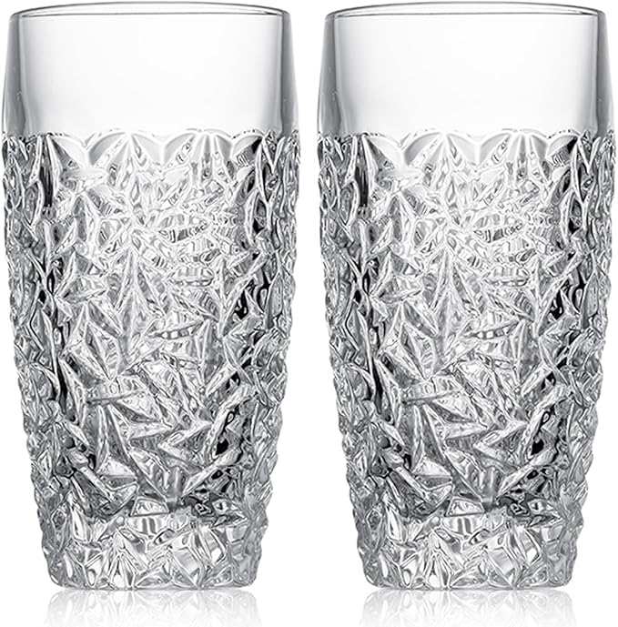 Set of 4 Luxury Highball Glasses - 14oz Cut-Glass Water Drinking Cups - Stackable Collins Glass for Tiny Kitchens, Dishwasher Safe, Elegant Glassware Set Fits Wedding, Christmas