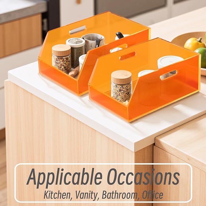 Gelite Stackable Large Storage Bin Organizer with Handles Acrylic Storage Container for Toy Pantry Kitchen Cabinet Bathroom Closet Office Organization, 15.4x11.4x6.7'', Neon Orange