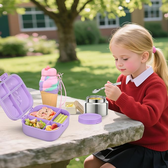 Kids Lunch Box Set -12oz Insulated Food Jar, Thermal Bag,Leakproof Lunch Food Containers Cutlery (BPA Free)-Gift for Girls/Boys Age 3-10(Purple)