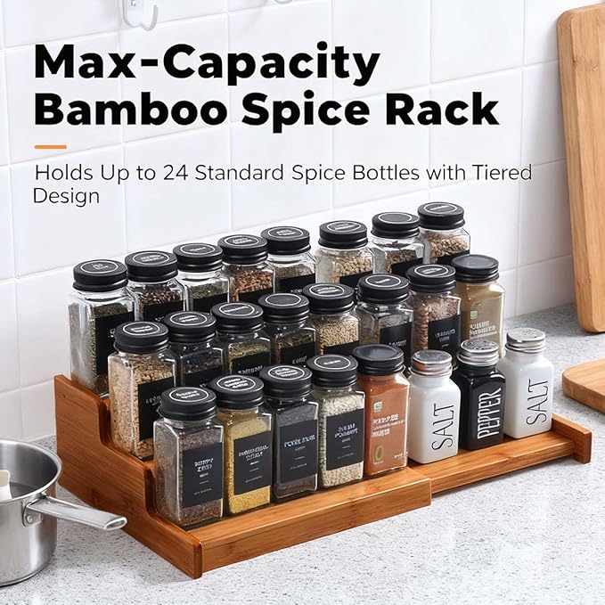 JinDoWin Spice Organization for Cabinet Spice Organizer, 3-Tier Spice Rack Organizer for Cabinet, Multi-Use Seasoning Rack (1, Dark Bamboo)