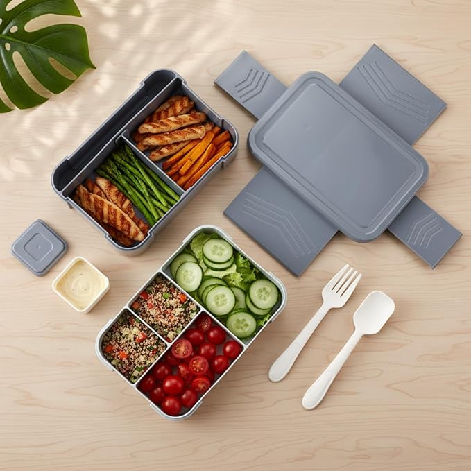 6-compartment Bento Box, 50oz Lunch Container with Utensils & Sauce Cup, Microwave & Dishwasher Safe, Leakproof Lunch Box for Adults Men Women (Gray)