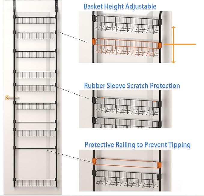 Black Over the Door Pantry Organizer 8 Tier, Adjustable Basket Pantry Door Organizer and Storage, Heavy Duty Metal Kitchen Hanging Spice Rack (D5xW19xH50 Inches)