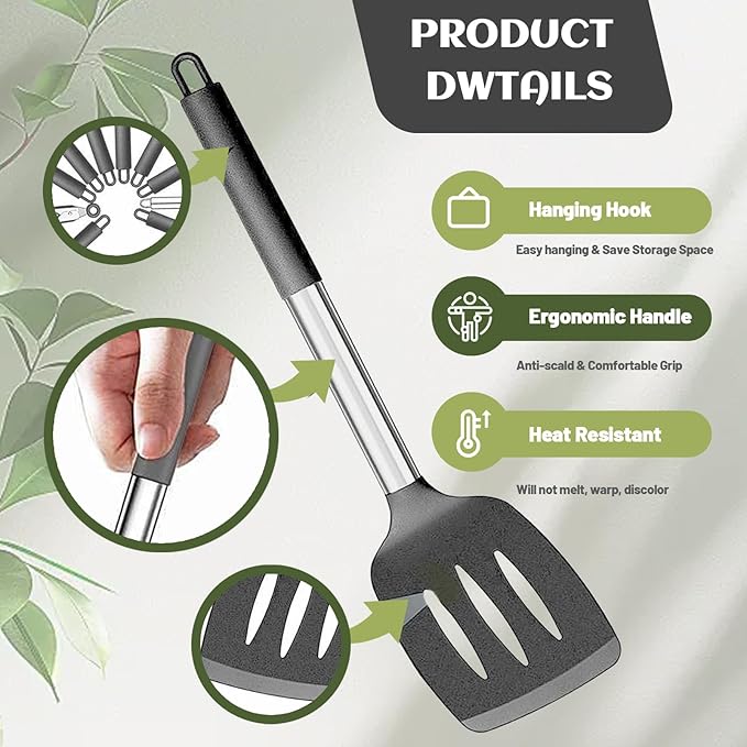 Silicone Cooking Utensils Set Utensil: 40 Pcs Black Stainless Steel Cookware Set, Nonstick Silicone Cooking Utensils Set, (Grey)
