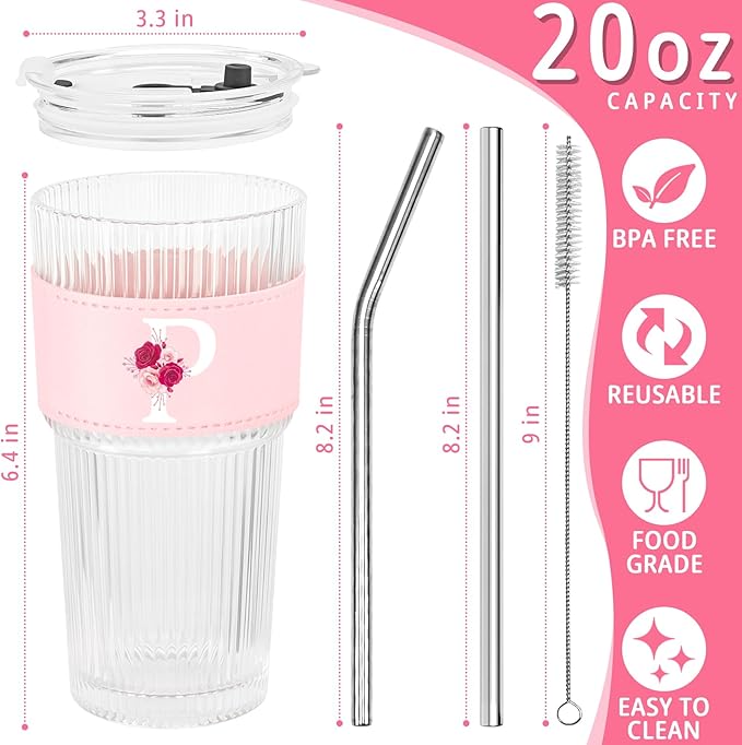 Personalized Gifts for Women,20oz Ribbed Glass Tumbler,Monogrammed Gifts for Women,Birthday Gift,Ice Coffee Mug,Christmas Gift for Mom Sister-P