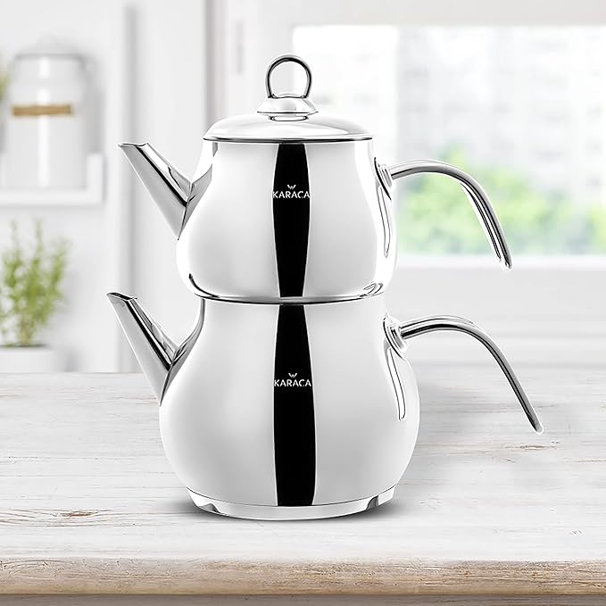 Karaca Layla Teapot Edelstahl, Turkischer Teekocher, Wasserkocher, Teekanne: 1 L Wasserkocher: 1,75 L, Türkisches Teekannen, Kayra Teekannen Set Metal
