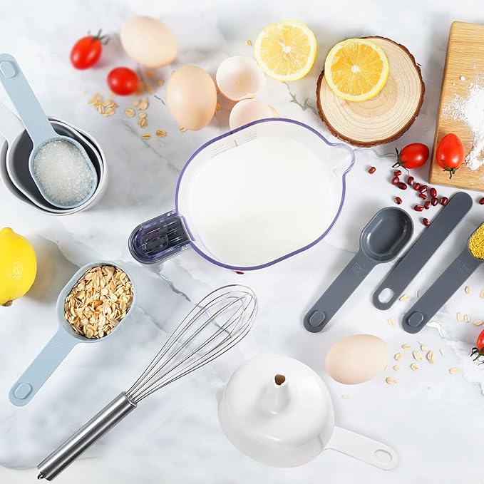 11 Pieces Measuring Cups and Spoons set, Includes 10 Stackable Measuring Cup with Lid and 1 Adjustable Measuring Spoon for Liquid and Dry, Kitchen Cooking & Baking, Blue