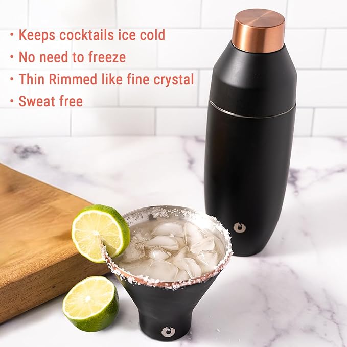 SNOWFOX Premium Vacuum Insulated Stainless Steel 22oz Cocktail Shaker and 4 Martini Glass Set, Home Bar Accessories, Elegant Drink Mixer, Leak Proof Lid & Built In Strainer, Gift Box, Dark Walnut