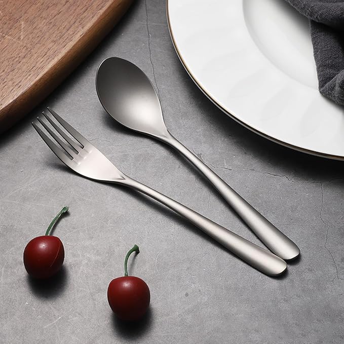 Pure Titanium Dinner Fork & Spoon Set, Duty Flatware, 7.5 In Long Handle Matte Finish Utensils, Dishwasher Safe & Rustproof for Everyday Dining, Kitchen, Camping, Travel, Christmas Gifts