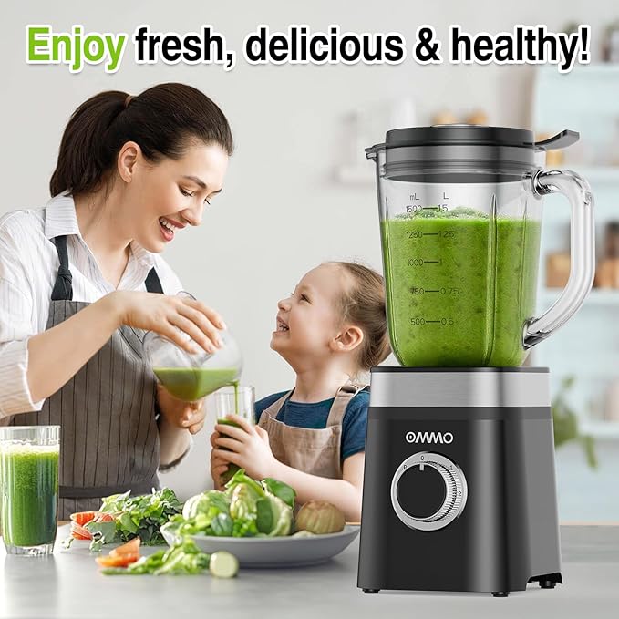 OMMO Blender, Professional Smoothie Blender with 4 Stainless Steel Blades, 50oz Glass Blenders for Kitchen with 2 Speed&Pulse, Dishwasher Safe for Ice Crush, Smoothies, Nuts, Frozen Drinks and Fruits