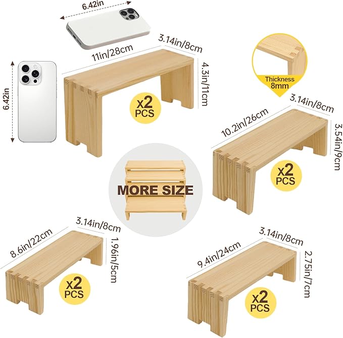 Large Display Wood Risers Wooden Stand 4 Tier Wood Racks, 2 Set 8 Pieces Cupcake Stands Cologne Perfume Organizer Dessert Stands for Vendors Event