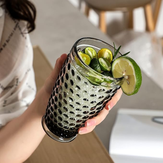 G 6 Set Grey Drinking Glassee,13.3oz Hobnail Highball Glassware, Embossed Vintage Tumbler Glasses Set For Beer, Juice, Whiskey, Cocktail, Milk，Dishwasher Safe,Gift Box packaging