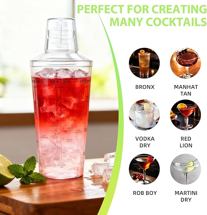 Plastic Boston Cocktail Shaker Set, 6 Pack 18oz Shatterproof Bartender Kit with Built-in Strainer Lids, Travel Bar Tools for Beginners, Mixing Martinis, Margaritas (530ML, 6 pack)