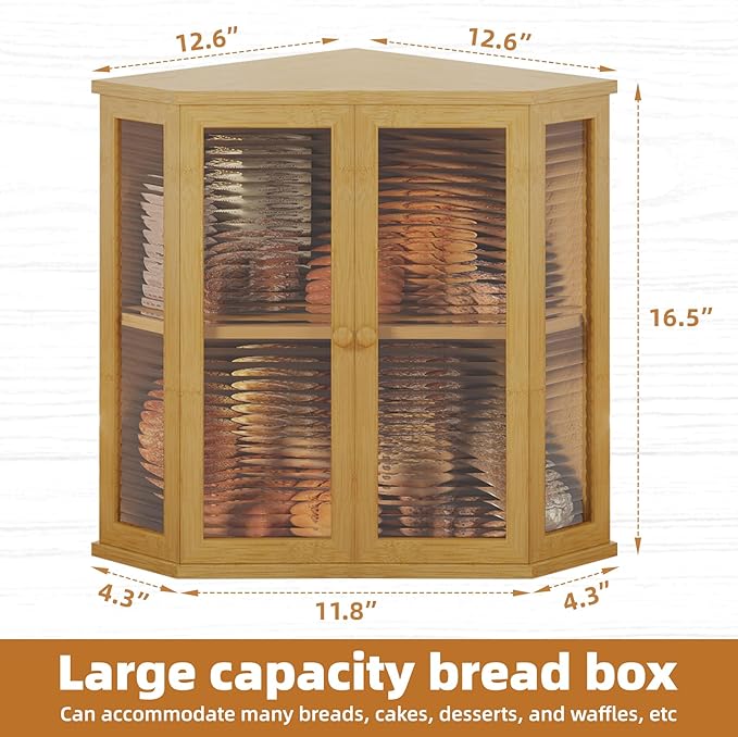 Extra Large Corner Bread Box for Kitchen Countertop, 16.5 inch Bamboo Double Layer Bread Storage with Glass Wavy Door Panel, Eco-Friendly and Stylish Design