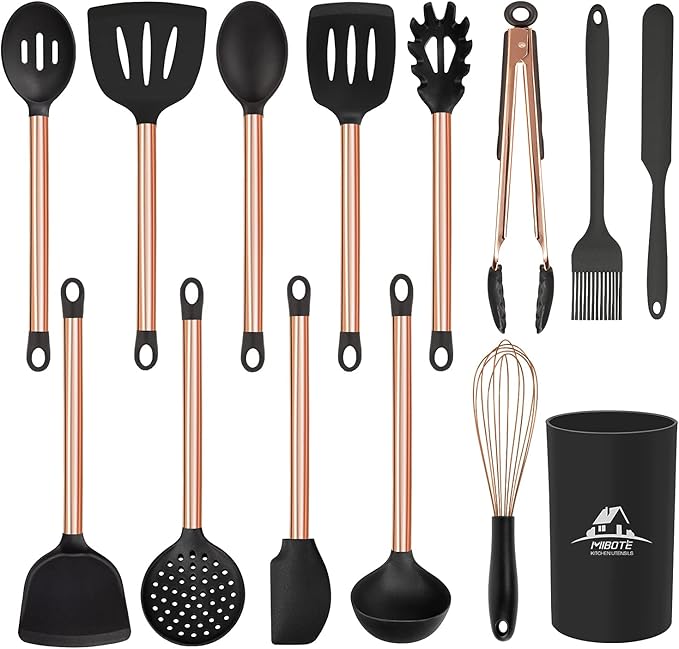 Silicone Cooking Utensil Set,14 Pcs Kitchen Utensils Set with Holder Non-stick Heat Resistant Cookware Cooking Turner Tongs Spatula Spoon with Stainless Steel Handle (Gold Black) BPA Free, Non Toxi