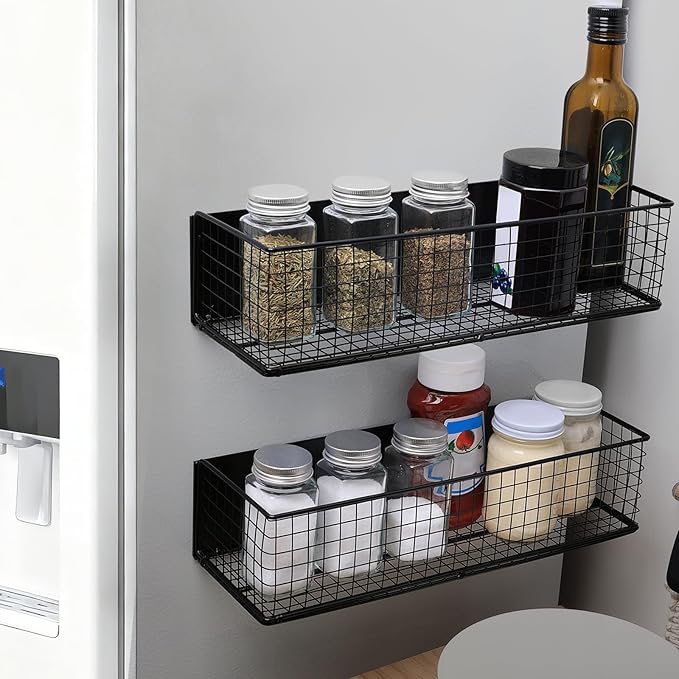 2 Pack Magnetic Basket for Fridge, Magnetic Spice Rack for Side of Refrigerator, Magnet Wire Bin Basket Fridge Shelf Organizer Kitchen Classroom Whiteboard Pantry Office Laundry Storage, Black
