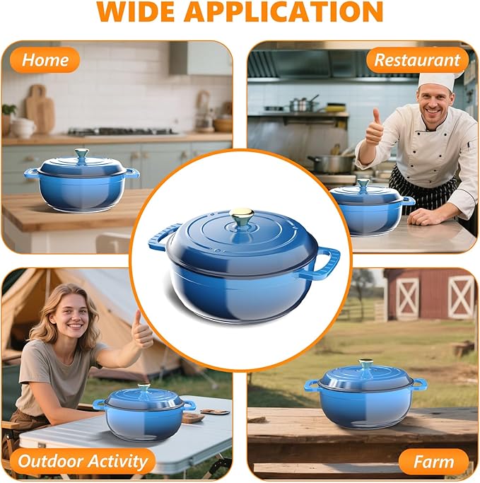ROVSUN Enameled Cast Iron Round Dutch Oven, 6QT Pot with Lid &Dual Handles with Silicone Gloves,Oven Safe up to 500°F, Heavy-Duty Pre-Seasoned Cookware for Bread Baking, Braising, Stews, Roasting, Blue