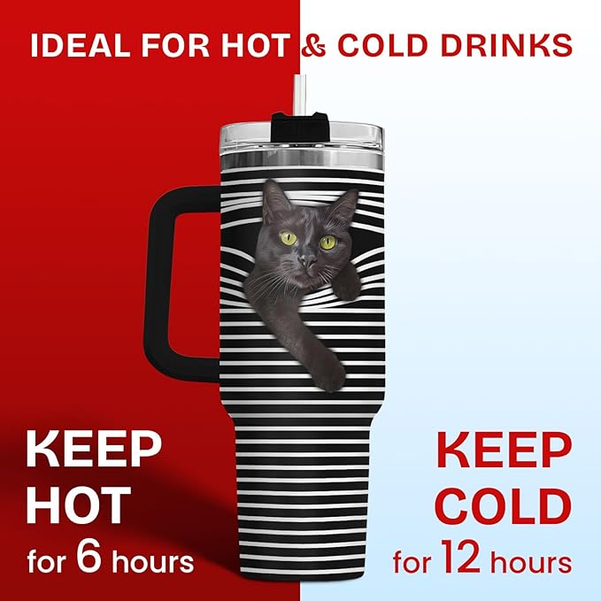 34HD Black Cat Tumbler with Handle and Straw, 40 oz Stainless Steel Vacuum Insulated Hide and Seek Mug Kitty, Cat Gifts for Men Women Mothers Day Birthday Christmas