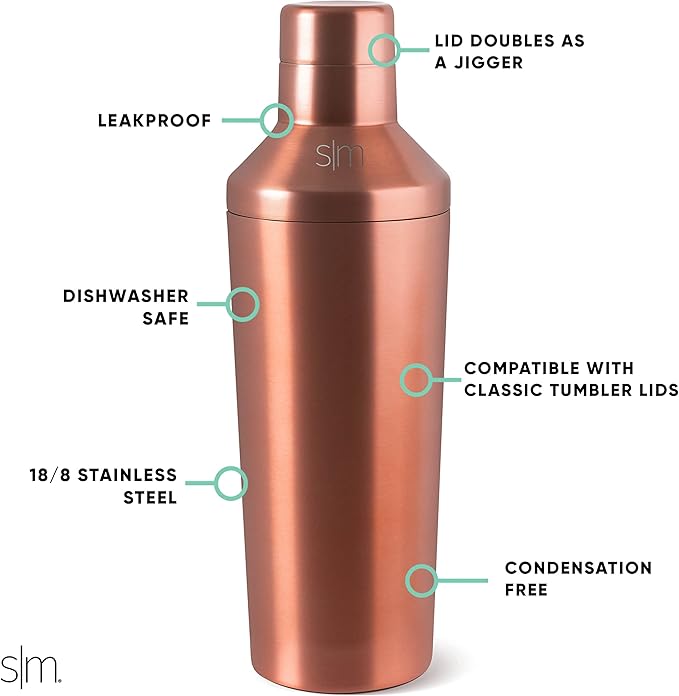 Simple Modern Cocktail Shaker Set with Jigger Lid | Stainless Steel Boston Shaker Insulated Martini Mixer for Mocktails | Gifts for Men Women Him Her | Classic Collection | 20oz | Metallic Copper