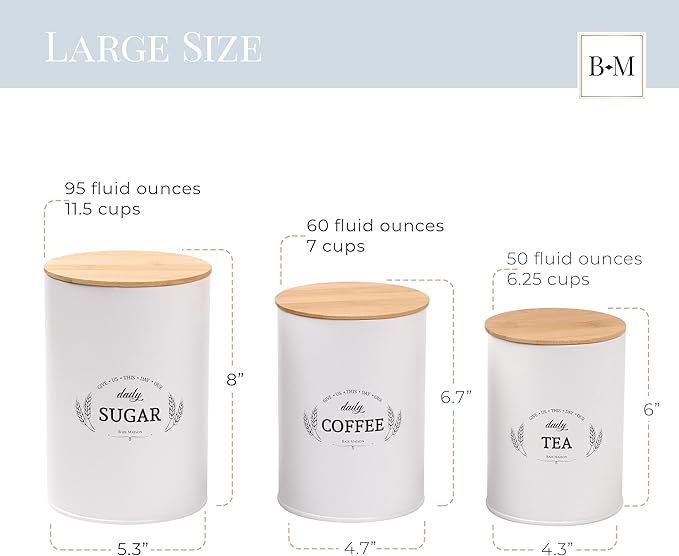 Baie Maison Extra Large White Farmhouse Bread Box for Kitchen Countertop - Bread Storage with Matching Large Kitchen Canisters Set of 3 - Coffee Tea Sugar Container Set (Bread Box & Canisters)