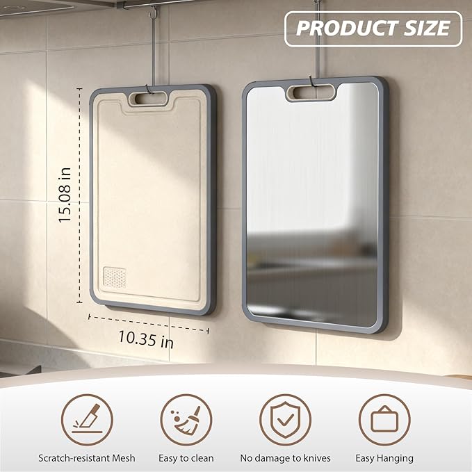 Cutting Boards for Kitchen, Stainless Steel and Wheat Straw Cutting Board, Kitchen Board for Meat and Vegetables, Non-Slip Eco Friendly Chop Board