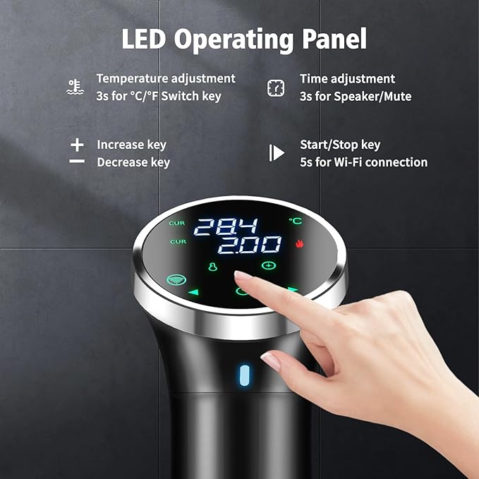 WiFi Sous Vide Cooker with APP Control,1100W Sous Vide Immersion, 3D Heating& LED Display for Home Chefs and Beginners, Party, Temperature Range 77-203℉ Ultra-Quiet Slow Cooking Sous-vide APP Control