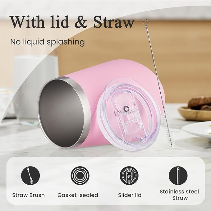 MEWAY 12oz Insulated Wine Tumbler with Lid and Straw - Double Wall Vacuum Stainless Steel Wine glass, Ideal for Travel and Office, Baby shower prizes for winners(Pink,Set of 12)