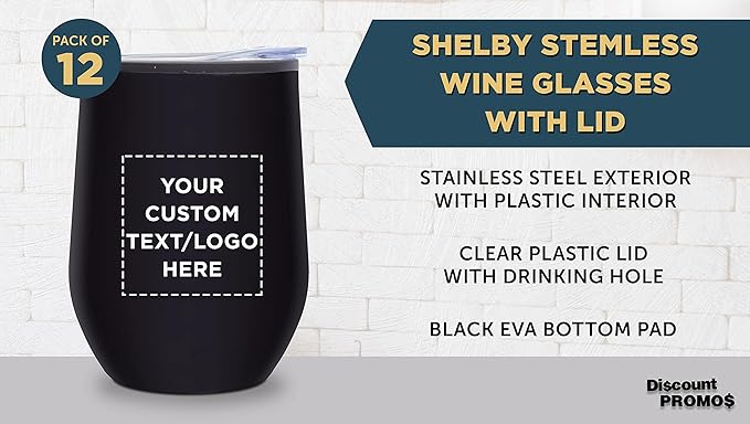 Custom Stemless Wine Tumblers 12 oz. Set of 12, Personalized Bulk Pack - Insulated, Perfect for Wine, Cocktails, Other Hot & Cold Beverages - Black