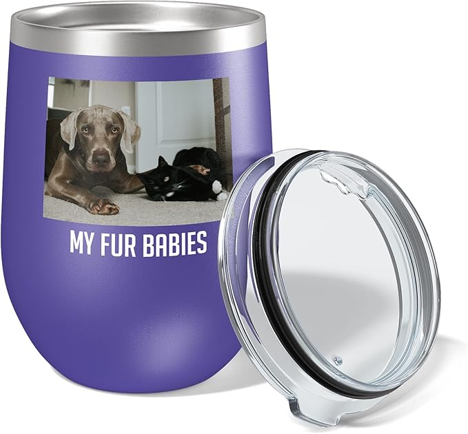 Personalized Mothers Day 12oz Photo Printed Insulated Stainless Steel Powder Coated Stemless Wine Tumbler with Lid, Customized Mom Gift Idea for Her, Custom Mum Coach Gifts Team (Purple)