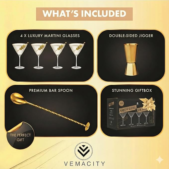 VEMACITY - Ribbed Espresso Martini Glasses Set of 4-8oz Gold Rim Cocktail Glasses with Bar Spoon and Jigger - For Margaritas, Cosmos & More | Ideal for Christmas & New Years