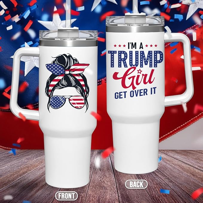 wowcugi Trump Girl Tumbler with Handle 40oz, Stainless Steel Insulated Tumblers Coffee Travel Mug, American Gifts for Women