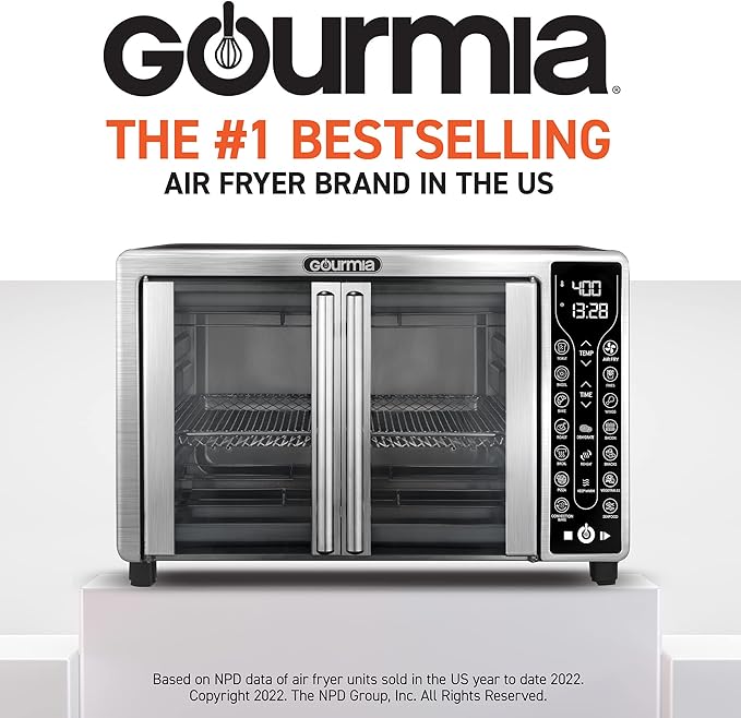 Gourmia French Door Air Fryer – 25 Qt Large Capacity Convection Oven, Fryfroce 360°, Digital Display with 17 Cooking Presets, Bake, Toast, Roast, Dehydrate, Fits 12” Pizza