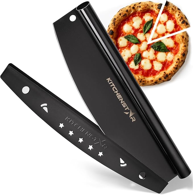 KitchenStar 14-Inch Pizza Cutter Rocker Blade - Sharp Stainless Steel Slicer Knife, Protective Cover, Black Nonstick, Large - Professional Pizza Oven Accessories