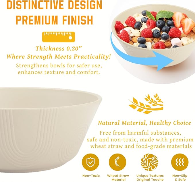 Homienly Large Deep Bowls 36 OZ, Wheat Straw Soup Bowls Set of 6, Plastic Bowls Microwave Safe, Unbreakable Bowl for Cereal, Soup, Salad, Popcorn, Idea for Party, Camping, Picnic, RV (Beige)