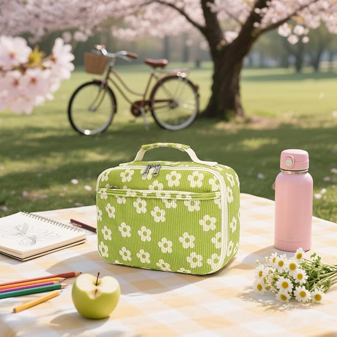Bluboon Kids Girls Lunch Bag Insulated Lunch Box for school Corduroy Lunch Cooler Organizer School Kids Lunch Tote (Corduroy-Brown) (Beige Flower Green)