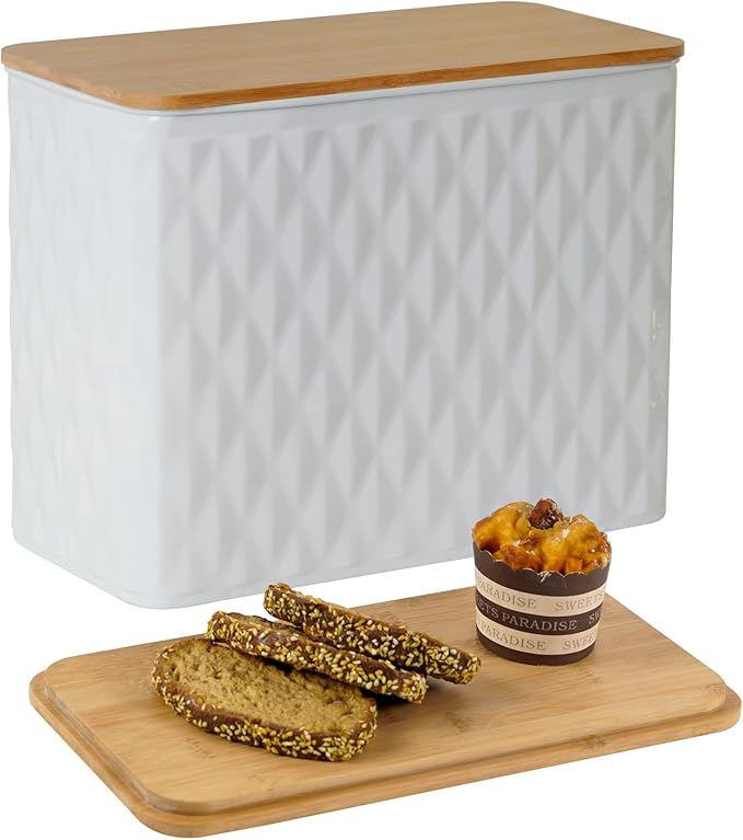Extra Large Bread Box for Kitchen Countertop Corner Breadbox for Homemade Bread Metal White Diamond Pattern Embossed Storage Container Bin with Bamboo Lid Fits 2 Loaves of Bread